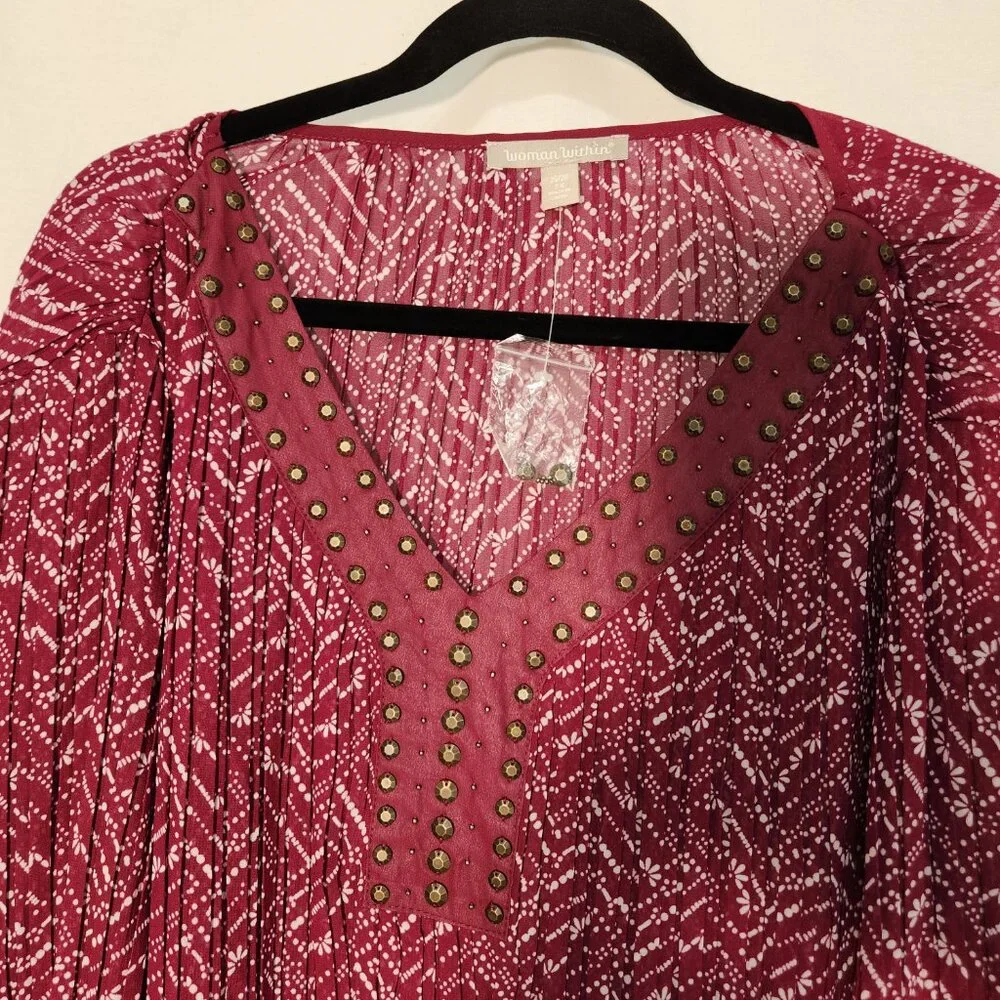 WOMAN WITHIN Flowy Crinkle Pink/White Studs Bell Sleeve Tunic Blouse Top Size 2X - Picture 5 of 16